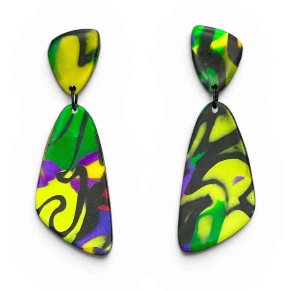 Polymer Clay Dangle Earrings Bright Green Yellow Graphic Print Handmade SS Posts
